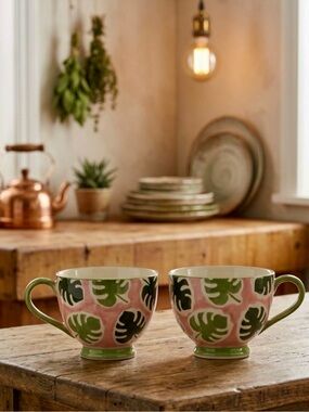 2 NEW Monstera Leaf Hand Stamped Ceramic Mugs - Whimsical Boho